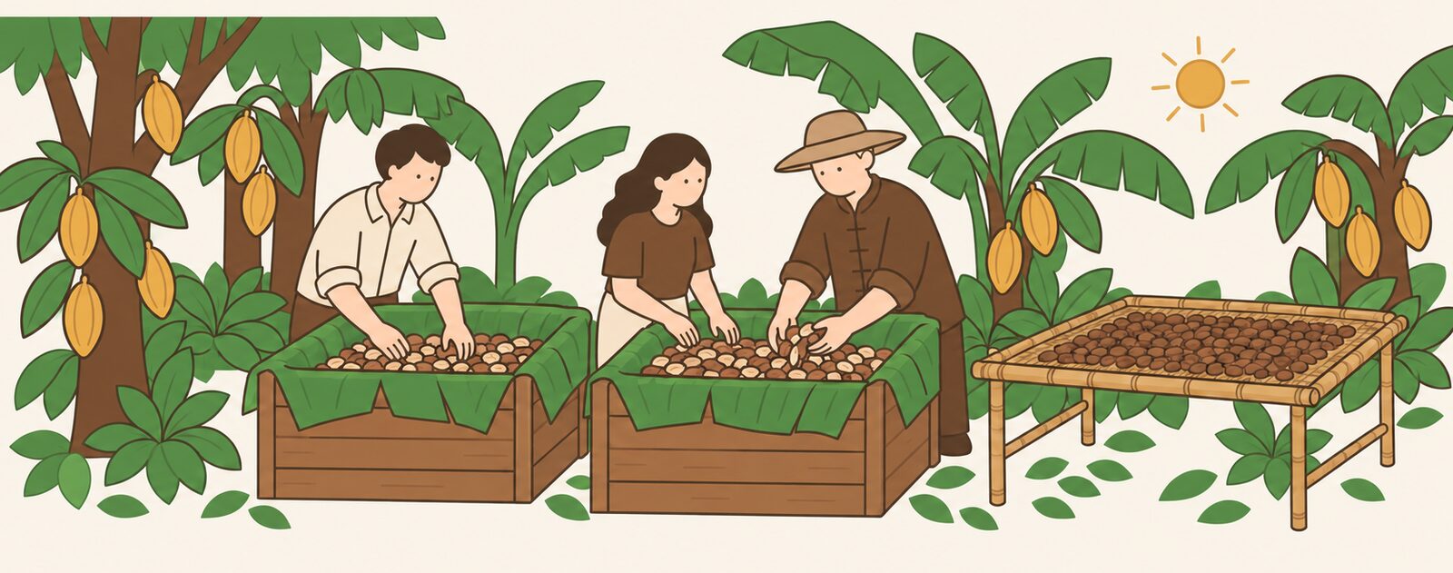 ผู้เข้าร่วมพลิกเมล็ดโกโก้ในกล่องหมักที่ปูใบตอง ข้างกันมีชั้นตากเมล็ดไม้ไผ่
